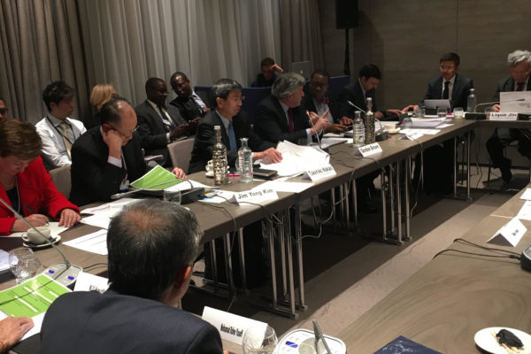 Commission Chair Gordon Brown speaks to regional and multilateral development bank heads. From left to right: Jim Kim (World Bank), Takehiko Nakao (Asian Development Bank), Gordon Brown (Education Commission) and Akinwumi Adesina (African Development Bank)