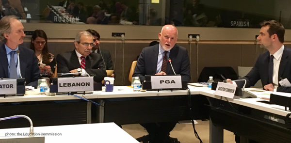 President of the General Assembly, Peter Thomson, addresses the Permanent Missions at the “Roadmap to Achieve a Learning Generation” event. He is joined by, from left to right, Ambassador Geir O. Pedersen (Norway), Ambassador Nawaf Salam (Lebanon) and Dr. Justin van Fleet (Education Commission). 