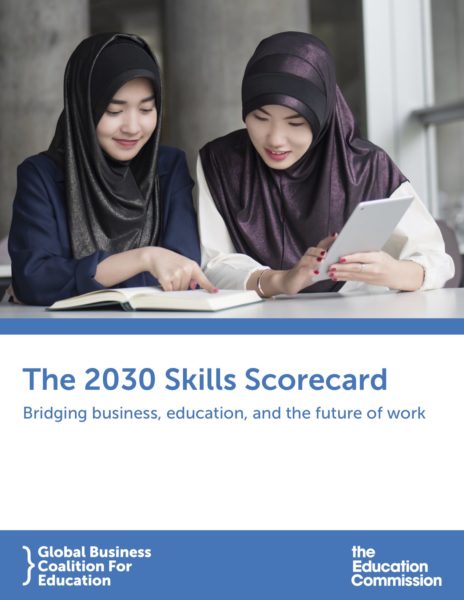 Cover of the 2030 Skills Scorecard showing two girls reading a book and looking at an iPad.